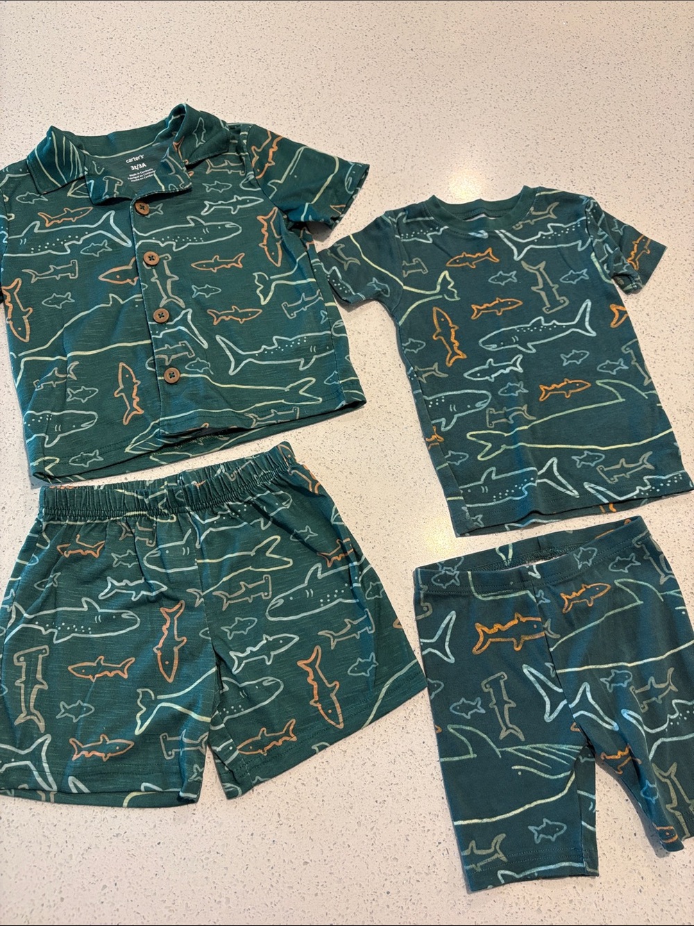 Carter's Green Shark-Print 4 Piece Shirt and Short Sets Size 3T